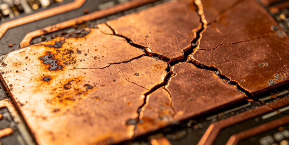 copper trace showing thermal degradation and cracking