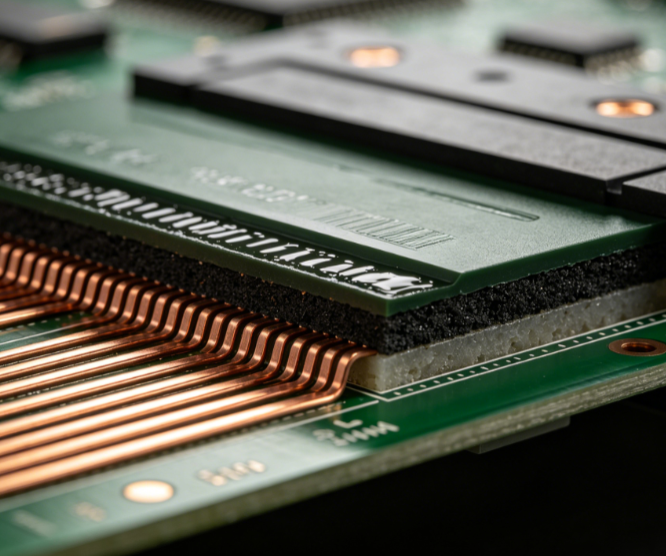 Microscopic cross-section showing solder mask coverage over copper traces in an automotive PCB