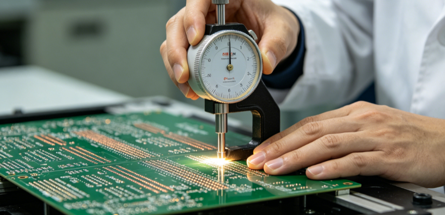 Technician measuring solder mask thickness on an automotive PCB using a micrometer or profilometer'