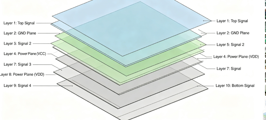'Cross-section view of a 10-layer PCB showing power and ground plane assignments