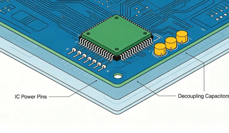 Top-view layout showing strategic placement of decoupling capacitors near IC power pins on a multilayer PCB'