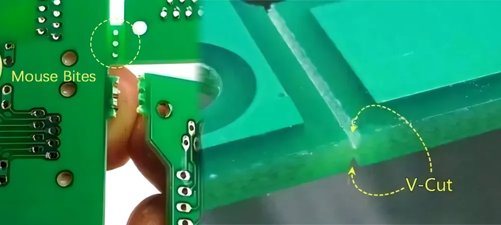 Close-up view of staggered mouse bite holes along PCB panel boundary