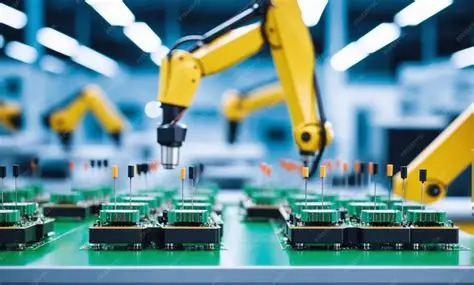 Robotic arm separating PCBs along mouse bite lines in a production cell