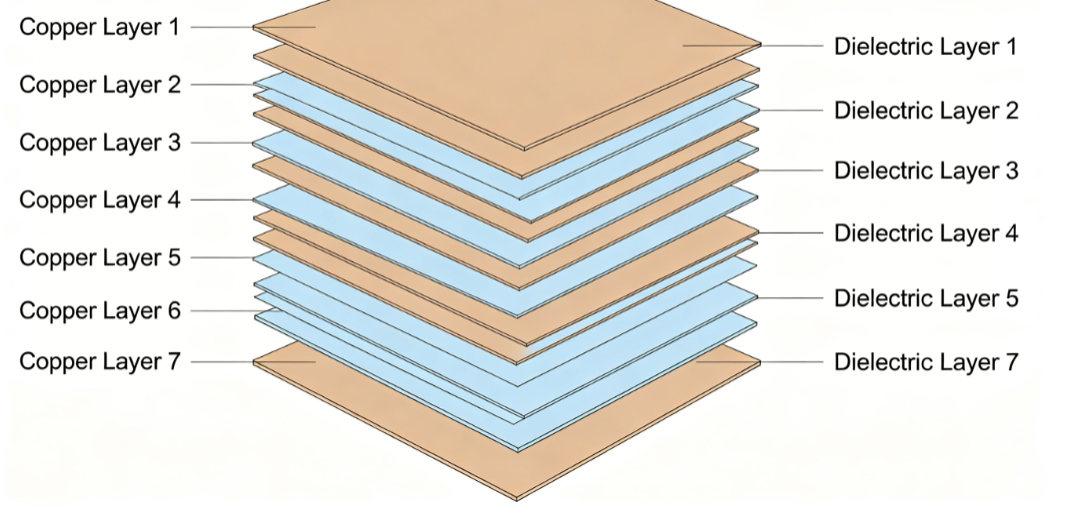 Cross-section view of a typical 14-layer automotive PCB stackup with labeled copper and dielectric layers')