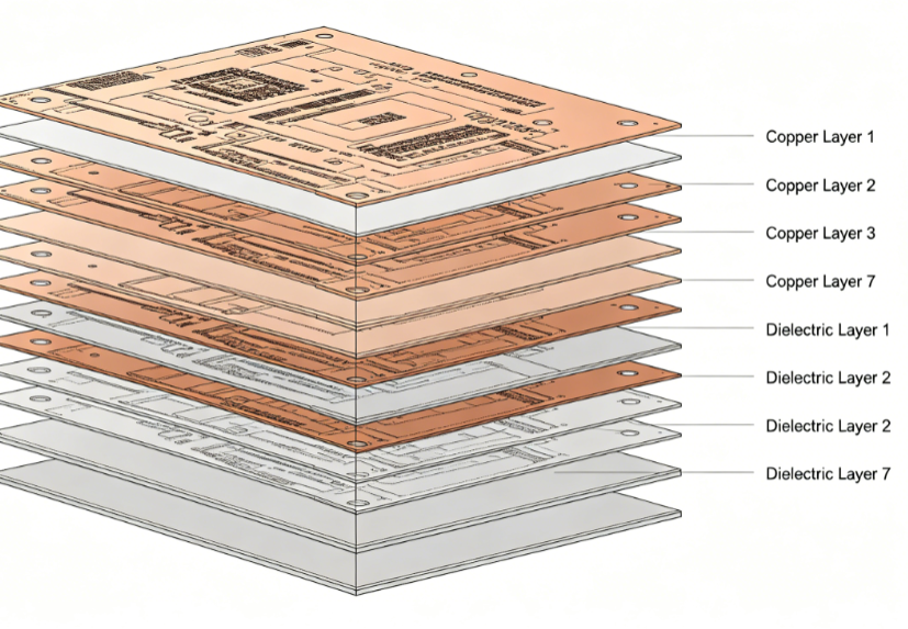 Cross-section view of a typical 14-layer automotive PCB stackup with labeled copper and dielectric layers')