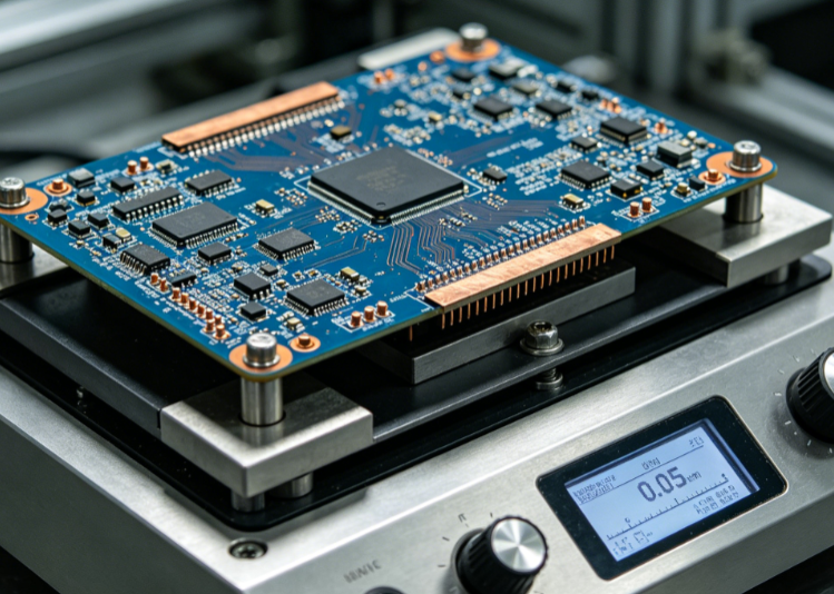 Automotive PCB mounted on a vibration shaker table during reliability testing