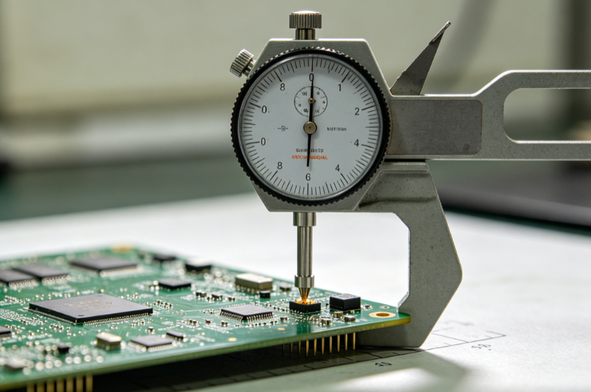 Measuring PCB warpage with a dial gauge on a flat reference surface
