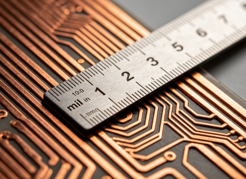 copper traces with mil-scale ruler overlay