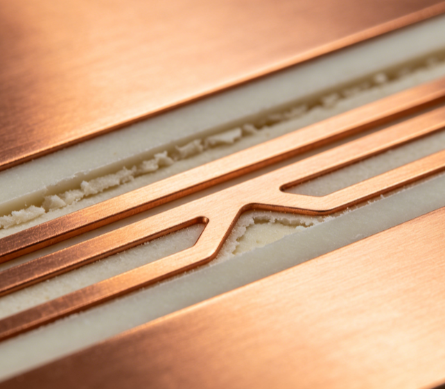 Polished PCB cross-section showing copper trace width and thickness')