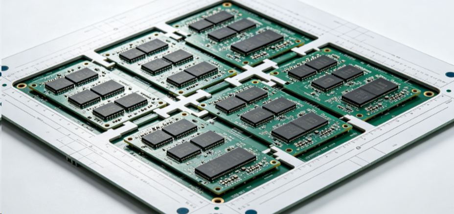 Full panel view including handling rails, fiducials, and multiple board instances
