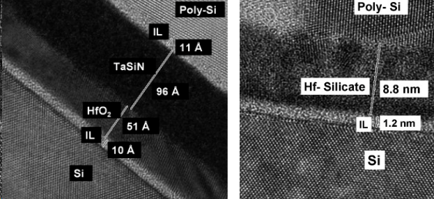 Microscopic view of etched copper traces showing sidewall profiles at different widths