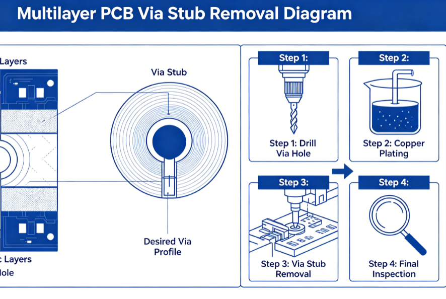 Diagram showing via stub removal in a multilayer PCB