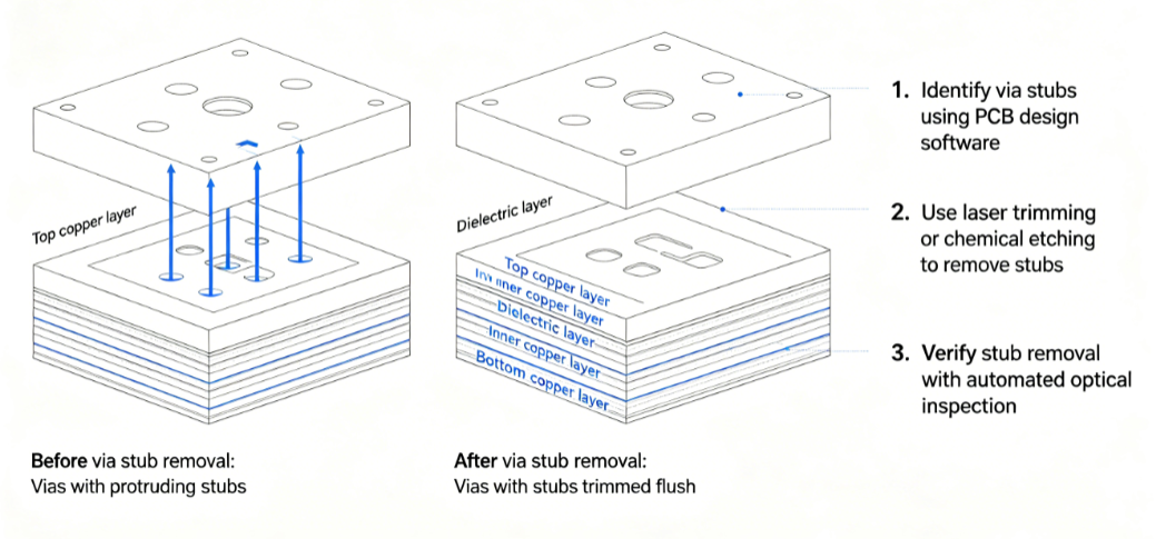 Diagram showing via stub removal in a multilayer PCB')