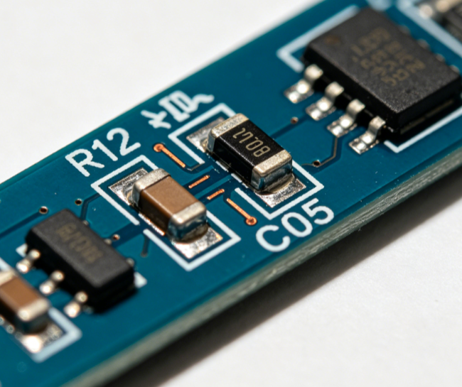 Close-up of silkscreen markings positioned around SMT pads and components