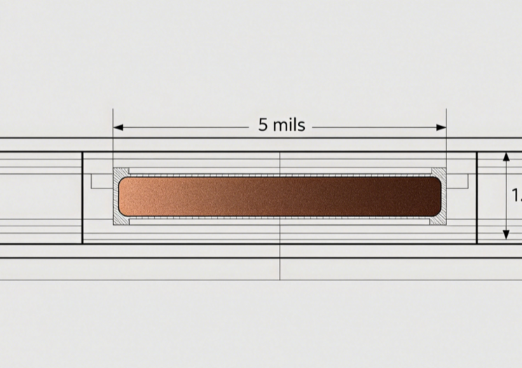 Cross-sectional view of PCB copper traces showing width in mils and thickness