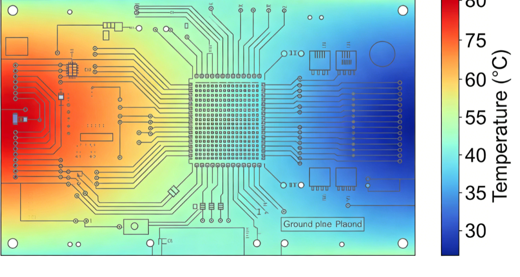 Color-coded thermal map illustrating temperature distribution along PCB traces under load