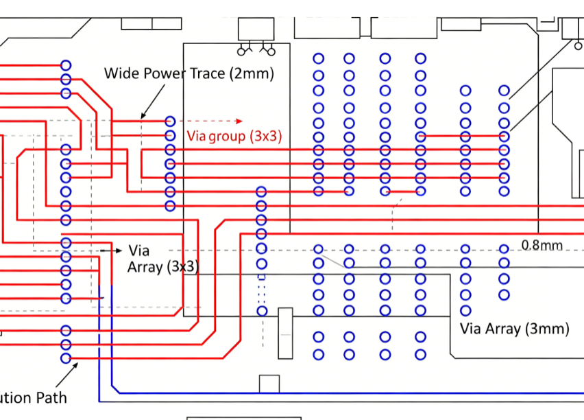 Annotated PCB layout highlighting wide power traces and via placement for current distribution