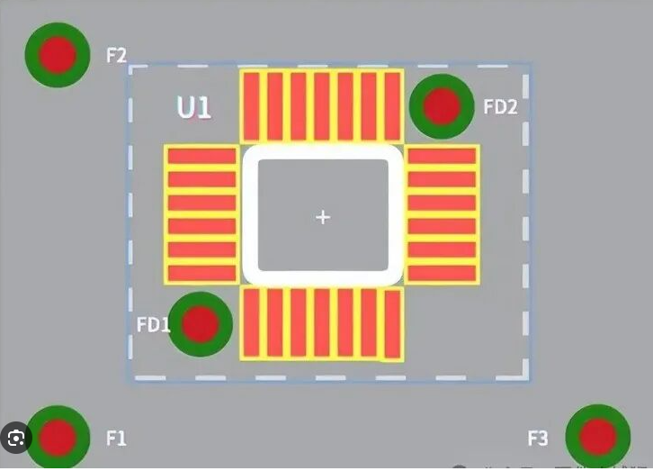Diagram showing circular fiducial marks positioned at panel corners and board edges