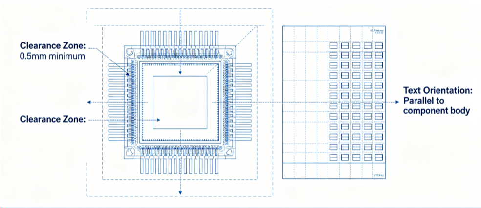 Diagram illustrating clearance zones and font orientation strategies around fine-pitch components