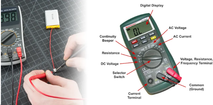 Engineer using multimeter probes on a board featuring black legend markings