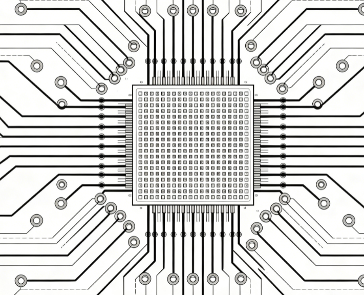 PCB layout showing trace fanout from BGA pads with vias')
