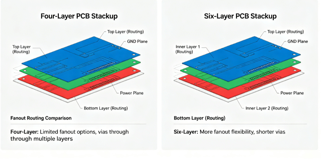 Diagram comparing four-layer and six-layer PCB stackups for fanout routing