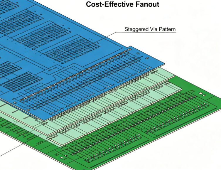 PCB section illustrating staggered and shared via patterns for cost-effective fanout'