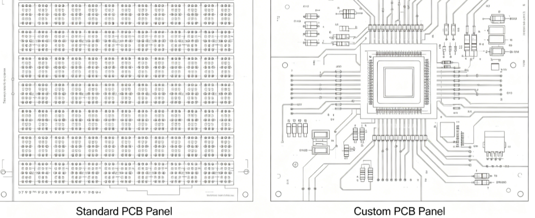 Side-by-side view of standard and custom PCB panel arrays showing component placement