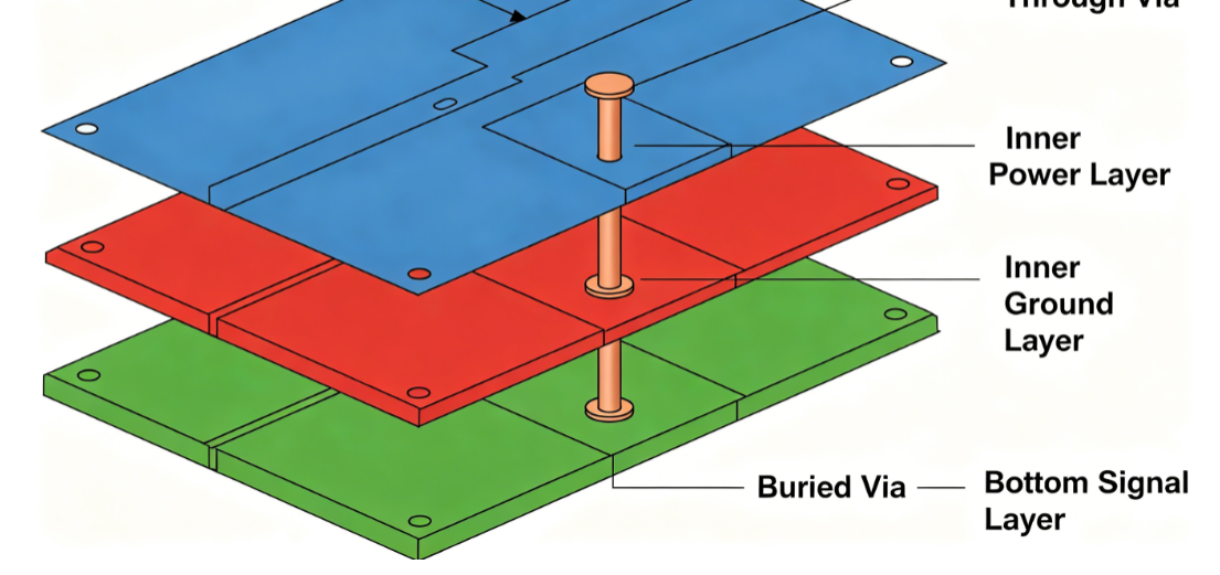 Illustration of via placement in a multilayer PCB for signal routing