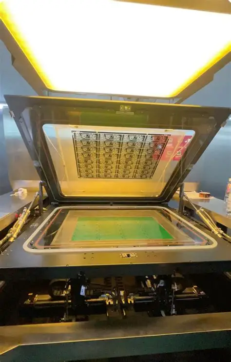 PCB with transparency mask under UV lamp during solder mask exposure