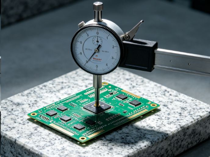 Measuring PCB warpage with a dial gauge on a flat granite surface