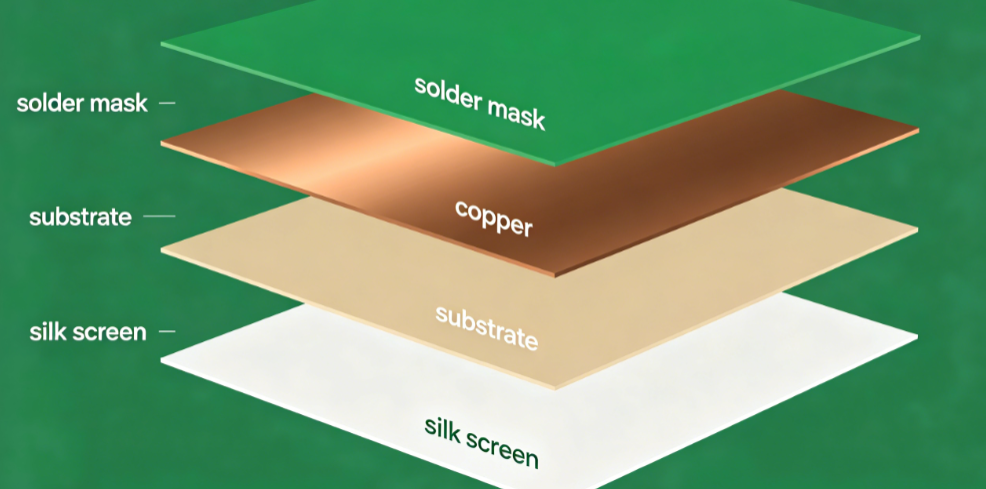 Diagram showing solder mask, copper, substrate, and silk screen layers on a printed circuit board')