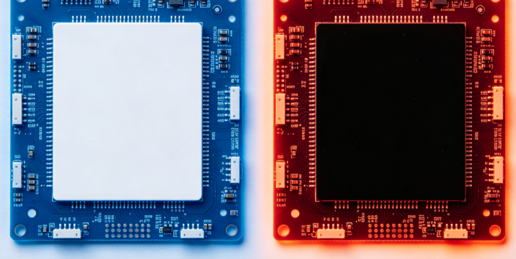 Infrared image comparing heat distribution on PCBs with white and black silk screen')