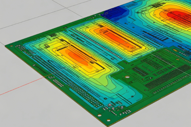 Finite element analysis showing temperature contours on a PCB model with different surface emissivity values')