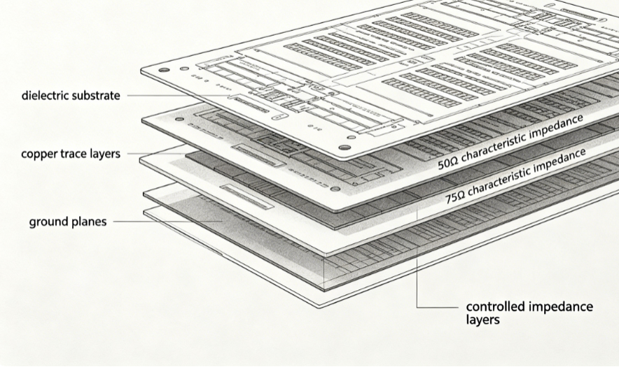 Cross-section view of a multilayer PCB showing controlled impedance layers for RF applications