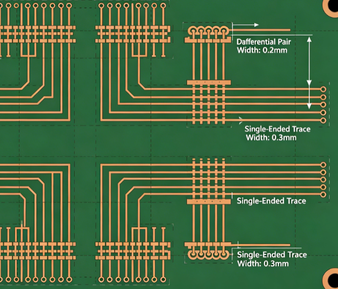 'Top-layer view of differential pairs and single-ended traces with calculated widths on a compact RF PCB