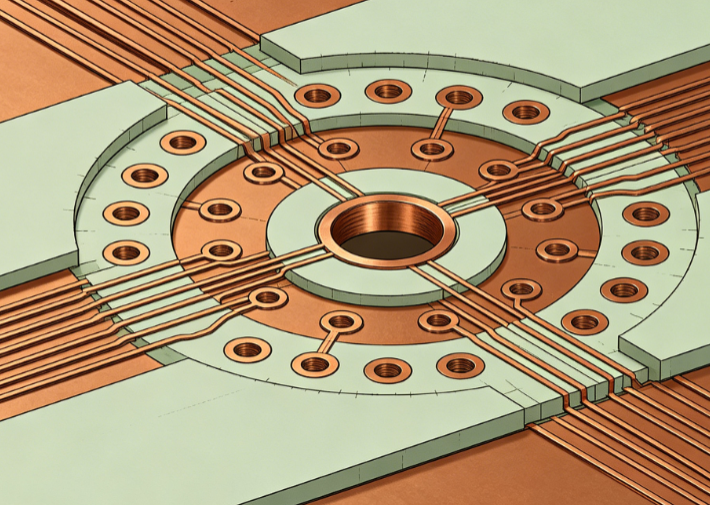 Illustration of signal vias with surrounding ground vias on a multilayer high-frequency board