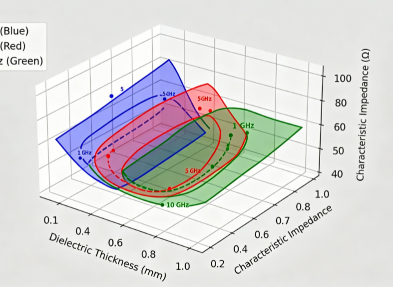 Plot illustrating characteristic impedance change with varying dielectric thickness at multiple frequencies')