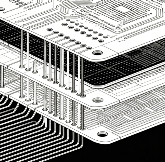Cross-section view of a high-density interconnect PCB illustrating microvias and fine-line circuitry')