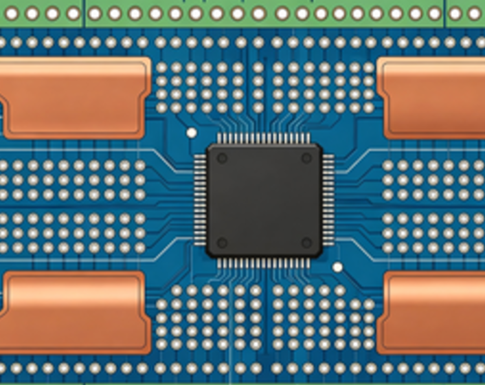 PCB layout example showing thermal vias and copper pours for heat dissipation in industrial modules