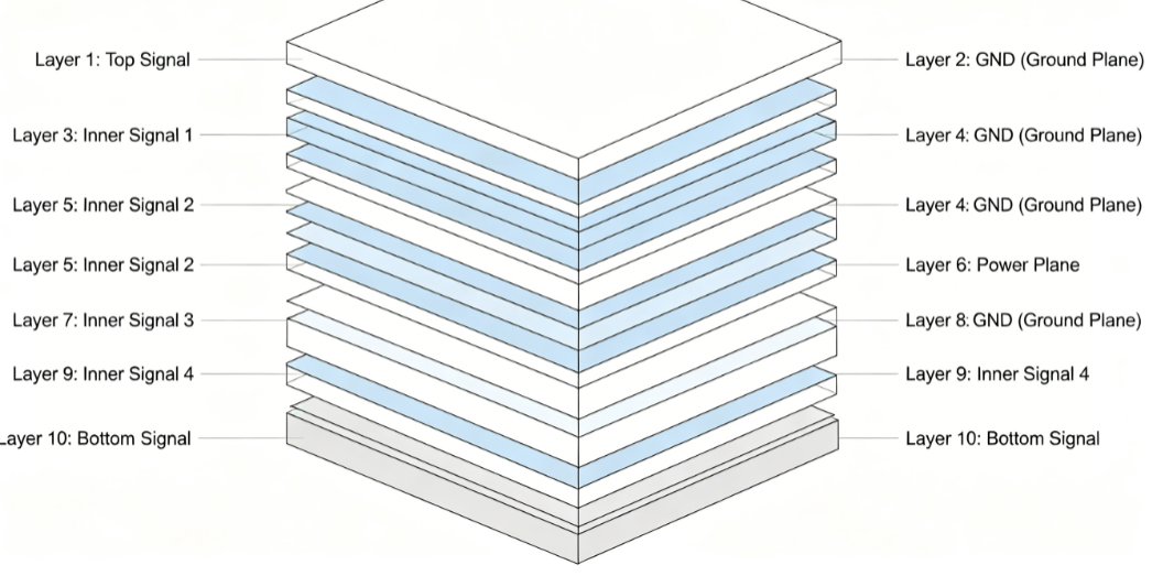 Cross-section view of a typical 10-layer PCB stackup highlighting ground plane positions