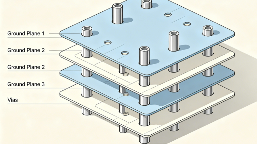 Illustration of via stitching connecting multiple ground planes in a multilayer PCB