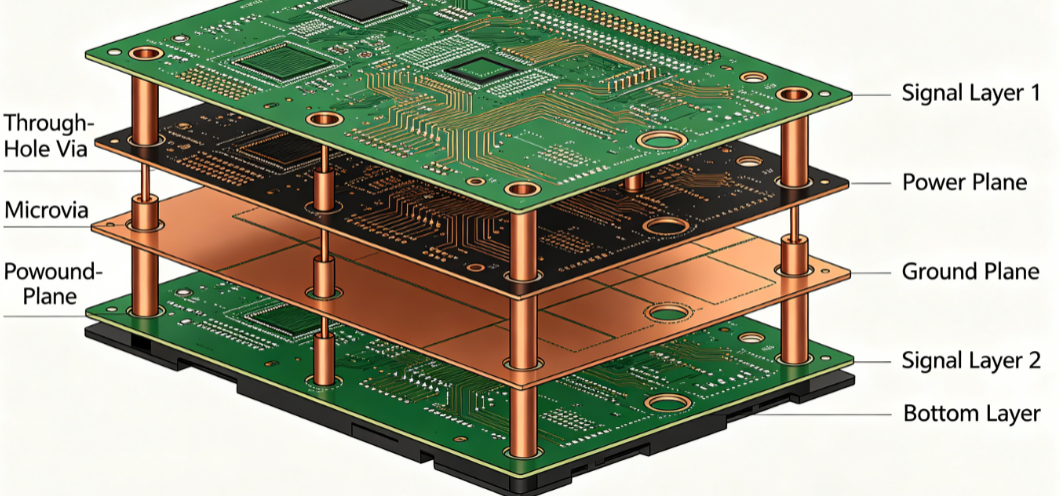 Cross-section view of a multilayer gaming PCB showing layer arrangement and via structures'