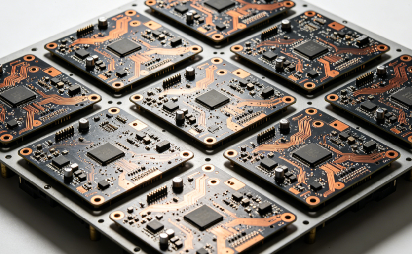 Top view of multiple gaming PCBs arranged on a standard production panel'