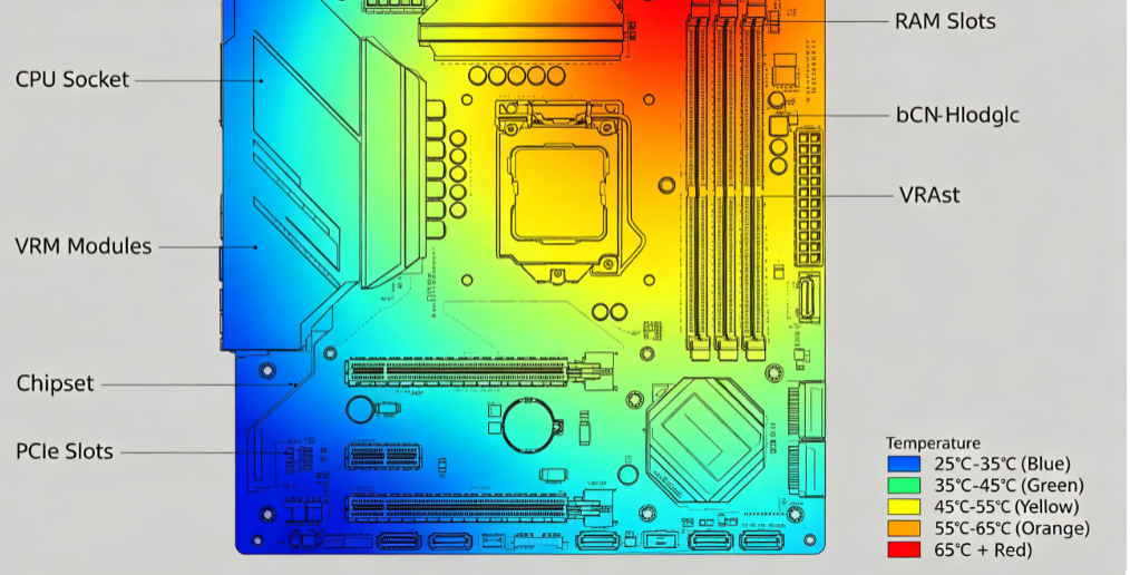Color-coded thermal map showing heat distribution across a gaming motherboard layout