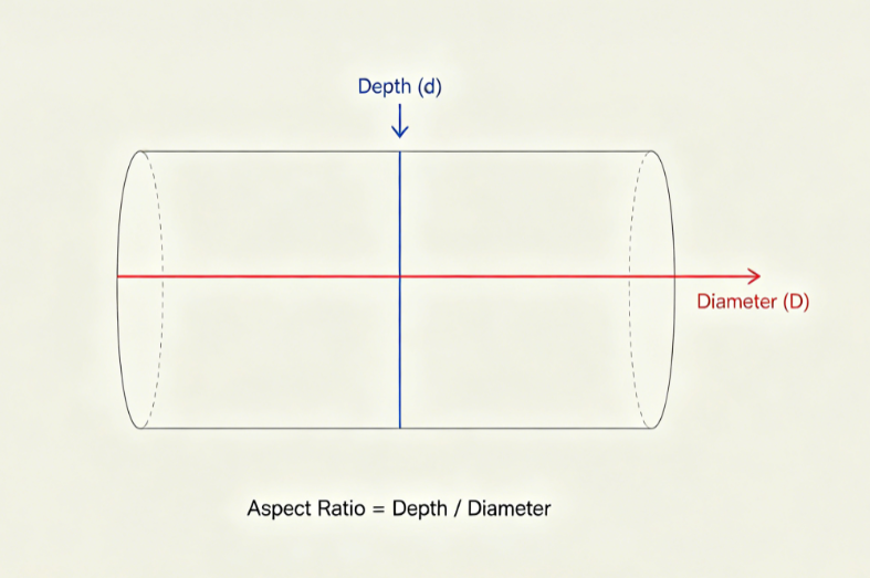 Illustration showing via depth and diameter measurements for aspect ratio calculation