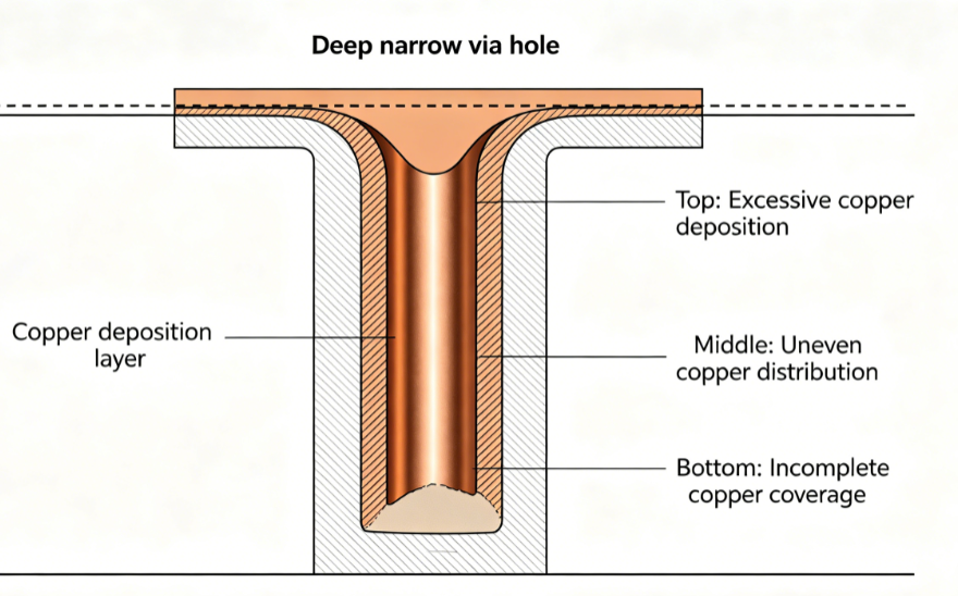 Diagram of copper deposition issues in deep narrow via holes')