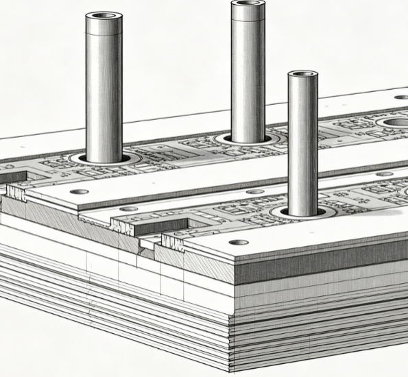 Cross-section of PCB layers with strategically placed high aspect ratio vias