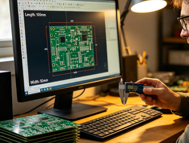 Hobbyist reviewing PCB dimensions on a computer screen