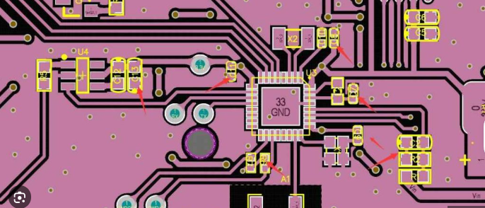 PCB top layer showing silkscreen markings on copper areas